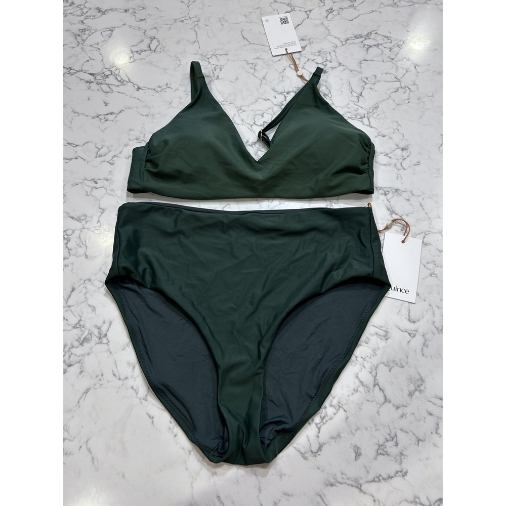 NWT Quince Palm Green Italian V Neck Bikini Top & High Rise Bottom Set Large